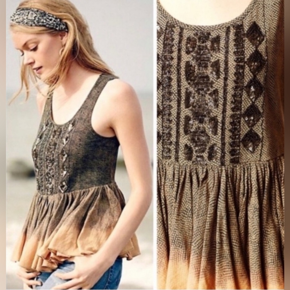Anthropologie Gray and Cream Embellished Peplum Tank Top